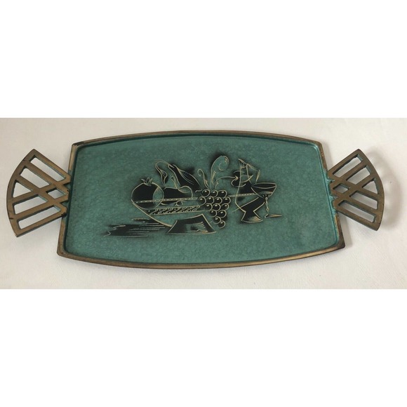 Vintage Mid-Century Metal Tray Oppenheim Hand Made Israel Fruit Bowl Grapes Wine - Picture 2 of 12